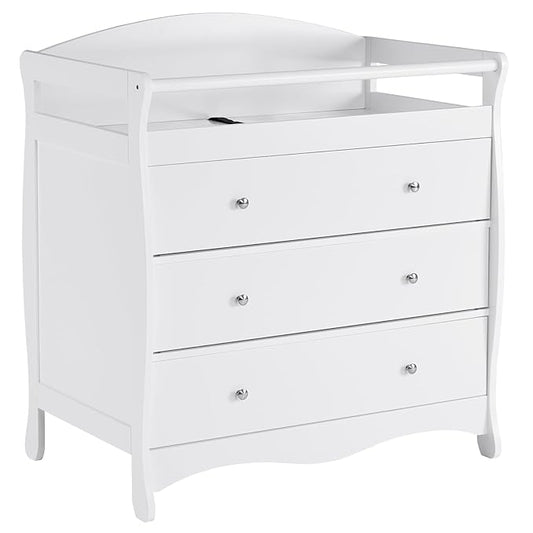Karl home Changing Table Dresser Baby Diaper Changing Station Infant Nursing Table with 3 Drawers, Safety Rail & Strap for Bedroom, Nursery, White