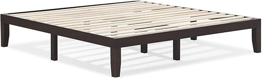 KOMFOTT 14 Inches Wood Platform Bed Frame King Size, Wooden Mattress Foundation with Rubber Wood Frame, Strong Wooden Slat Support, No Box Spring Needed, Bed Frame (Dark Brown)