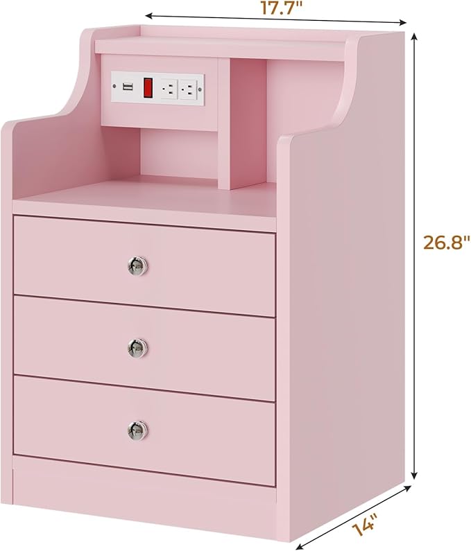 ADORNEVE Nightstand with Charging Station,Pink Night Stand with Hutch,Bedside Table with Drawers,Bed Side Table with Storage