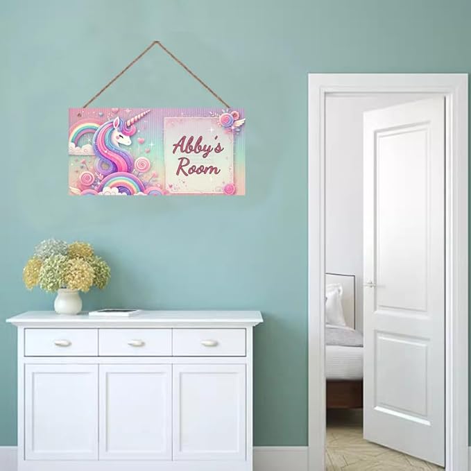 Personalized Sign Colorful Unicorn Rerto Sign Wall Art Decor For Kids Room Custom Name Rainbow Door Décor For Little Man Cave Girls Bedroom Home Kitchen Garden Yard