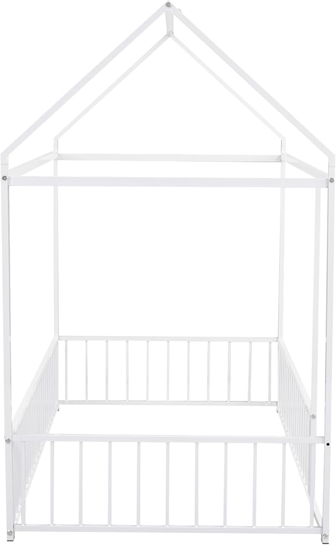 Bellemave Twin Size Montessori Floor Bed, Metal House Bed Frame for Kids, Montessori Floor Beds with Fence,White