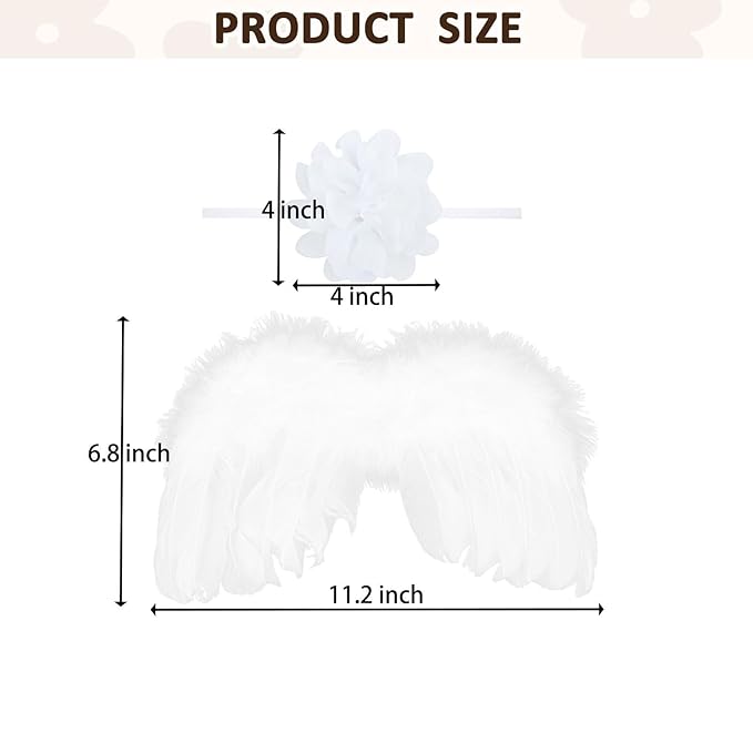 2PCS White Angel Wings With Chiffon Flower Headband For Newborn Infant Photography Props Soft Fairy Feather Wings For Toddlers Kids Girls Gifts(Color F, One Size)