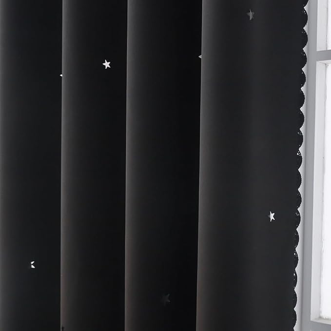 Black Curtains for Bedroom - 63 Inch Length 1 Panel- Blackout Curtain Aesthetic Star Cutout - Double Layer with White Tulle - Kids Girls Room Decor Cute Nursery Drapes