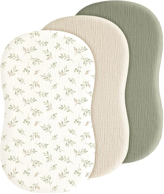 Baby Muslin Bassinet Sheets 3 Pack for Boys & Girls, Soft Breathable Cotton Bassinet Mattress Cover, Universal Fit for Hourglass, Oval, and Rectangle Mattress (Spring Meadow)
