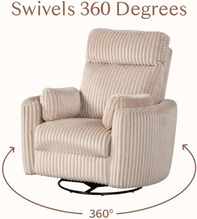 Pemberly Row Modern Large Corduroy Fabric Swivel Recliner in Ivory