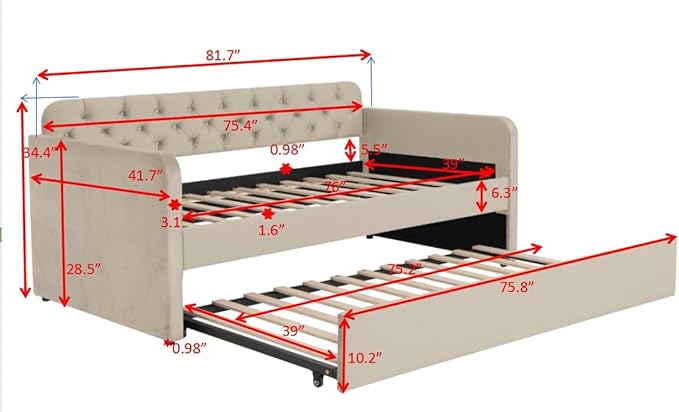 Bellemave Twin Upholstered daybed with Trundle and USB Charging, Velvet Tufted Sofa Bed Twin Size, daybed with Trundle for Adults, Kids, Girls, Teens, for Living Room, Light Beige