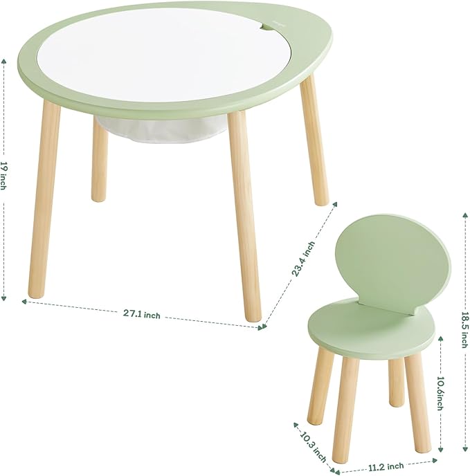 Beright Kids Table and Chairs Set, Kids Wooden Play Table with 2 Chairs, Kids Round Table for Toddlers, Suitable for Bedroom, Playroom and Kids' Room, with Removable Top Panel and Storage Bag, Green