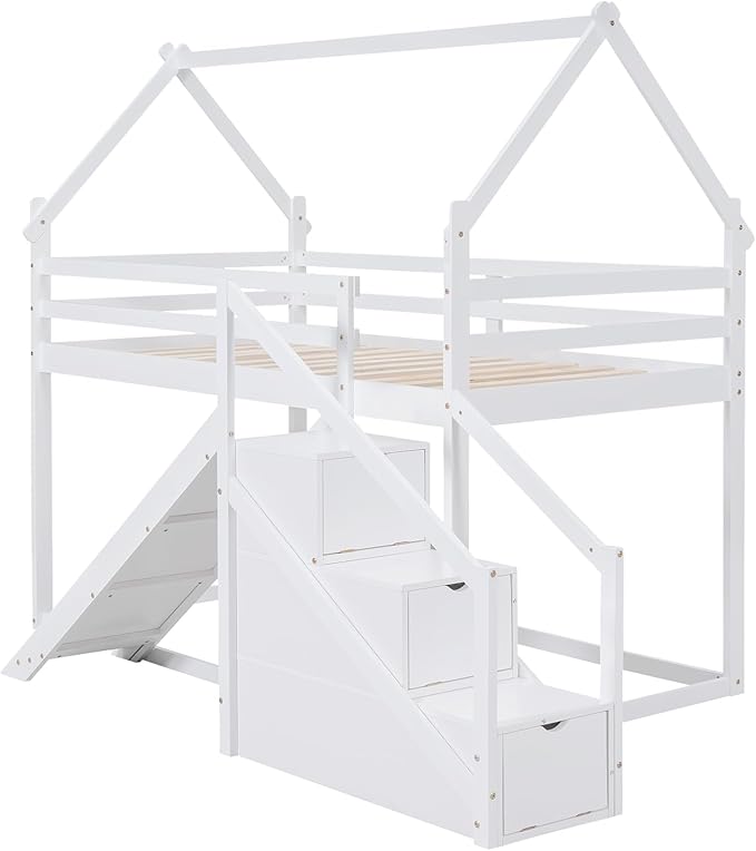 Flieks Twin Over Twin House Loft or Bunk Bed Frame for Boys Girls Kids Adults Toddler with Slide and Staircase, White