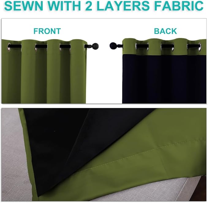 NICETOWN 100% Blackout Curtains for Windows, Pack of 2, Olive Green, 52" W x 120" L, Super Heavy-Duty Black Lined Total Darkness Drapes for Bedroom, Privacy Assured Window Treatment for Patio