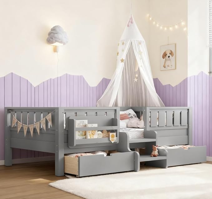 Bellemave Twin Size Kids Bed with high Rails and with Built-in Bookshelf and Drawers for Kids, Girls, Boys, Wood Montessori Bed Without Door, Gray
