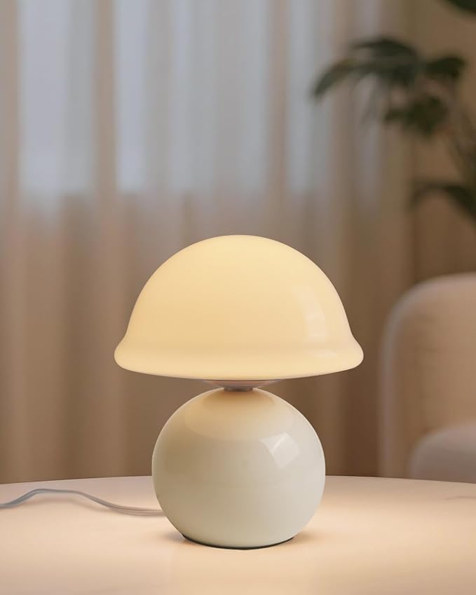 Mushroom Lamp for Bedroom, Cute Small Bedside Table Lamp with Glass Lampshade, Dimmable Nightstand Lamp Mid Century Modern Lamp for Home Living Room Decor (White)