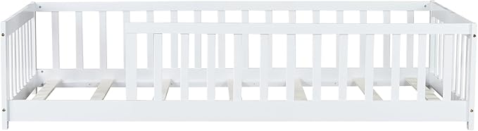 Twin Size Kids Montessori Floor Bed,Twin Floor Bed Frame with Slats,Solid Wood Twin Bed Frame for Girls Boys,White