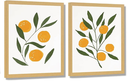 Abstract Lemon Orange Canvas Painting Watercolour Citrus Fruit Poster Boho Kitchen Wall Art Botanical Picture Home Room Decor Framed(12x16Inch Framed)