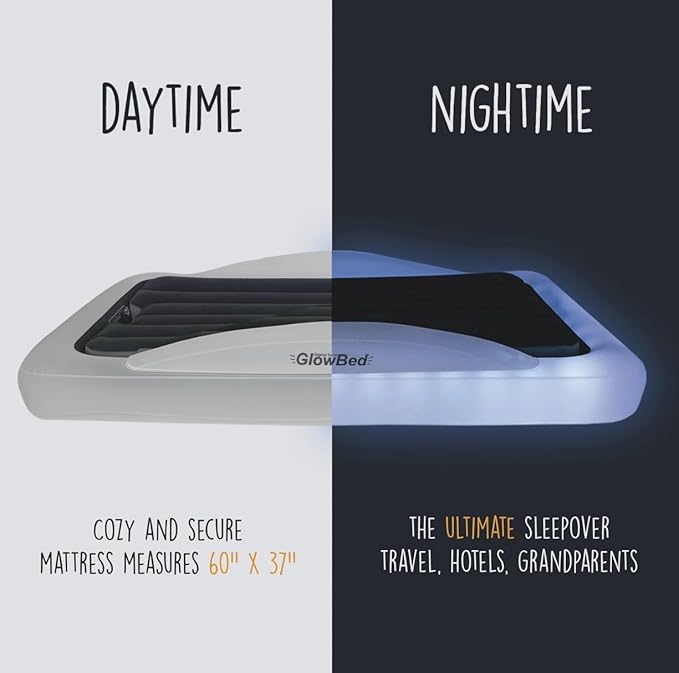 Inflatable Travel Bed LED Lights with Remote Portable Kids Bed Kids Air Mattress Twin Sized Mattress Blow up Bed Travel, Camping, Sleepovers Glowing Halo of Light Make Fear Disappear