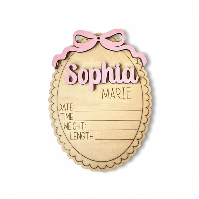 Personalized Baby Announcement Sign with Bow, Custom 3D Layered Scalloped Edge Name & Birth Stat Board for Newborn Photos (Stat Sign)