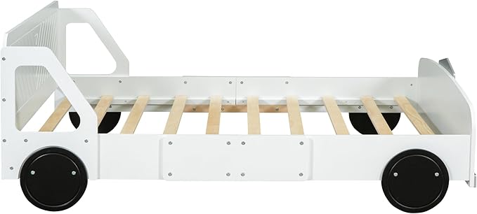 Full Size Car-Shaped Platform Bed with Wheels, Solid Wood Car Bed Frame with Strong Slatted Support for Kids Teens Boys Girls Bedroom, Fun Play Design Kids Floor Bed (White-WL55)