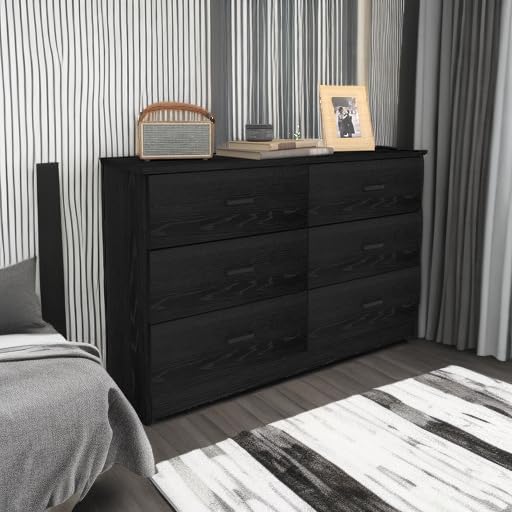 Bigbiglife Wood Dresser for Bedroom, 6 Drawer Double Dresser, Modern Chest of Drawers with Deep Drawers, Large Storage Organizer for Living Room, Closet (Black)