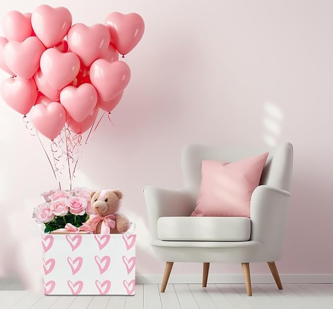 CLOCOR Rectangular Pink Heart Basket Empty, Storage Bin, Waterproof Book Box with Handles, Gift Basket(Pink Heart)