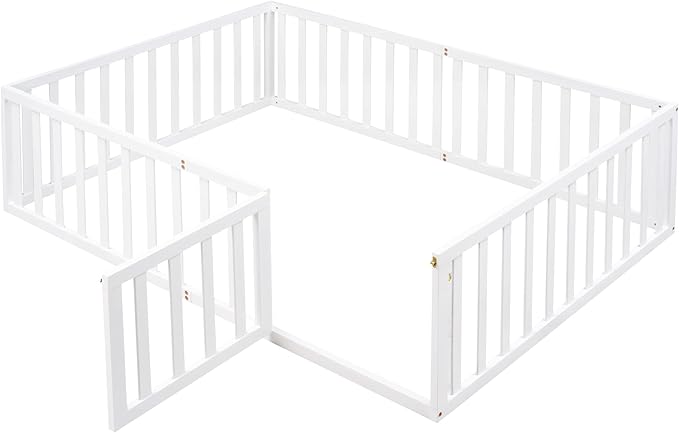 Merax Full Floor Bed with Safety Guardrails and Door, Wood Montessori Floor Bed Frame for Kids, Full Playhouse Bed Frame for Baby Girls and Boys, White
