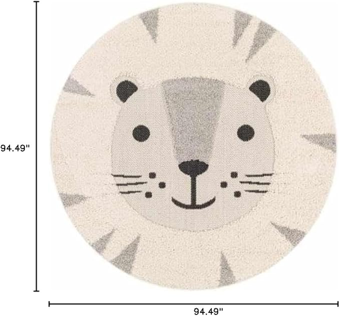 Hauteloom Kids Room, Nursery Round Area Rug - Outdoor Patio Safe - Animal Baby Lion Playroom Carpet - Beige, Gray, Black, Cream - 7'10"