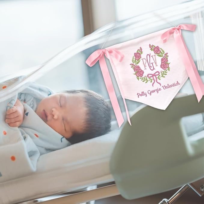 Embroidered Baby Name Sign Personalized Baby Announcement Sign Newborn Baby Banner with Bows Baby Hospital Name Sign Canvas Hanging Pennant Flag Custom Infant Baby Name Baby Shower Banner (05)