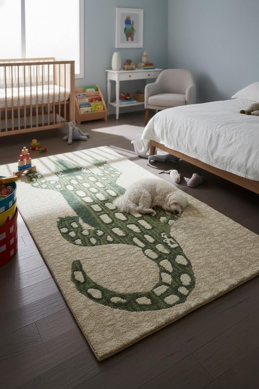 Hand-Tufted Wool Area Rug - Playful Alligator Design (4x6 Ft) - Soft & Plush Texture - Beige and Green - Luxury Accent Rug for Bedroom, Living Room, Nursery, and Playroom