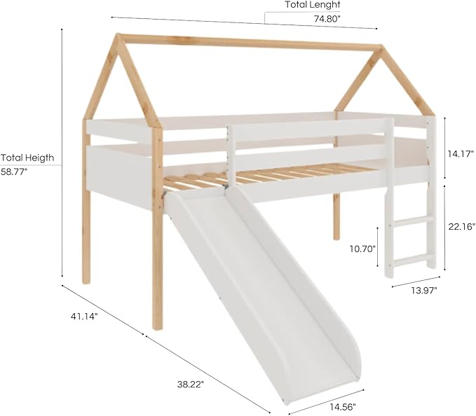 From the Tree Furniture Twin Loft Bed with Slide for Kids – Solid Wood House Frame with Safety Rails, Low Loft Playhouse Bed
