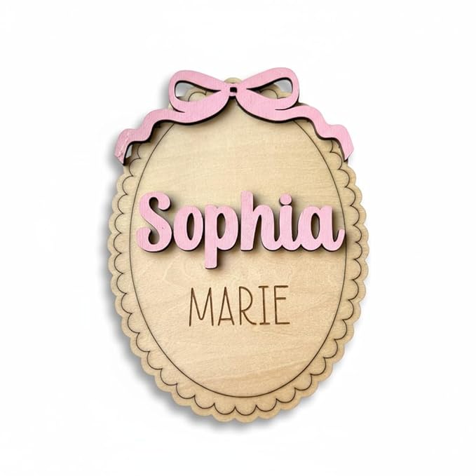 Personalized Baby Announcement Sign with Bow, Custom 3D Layered Scalloped Edge Name & Birth Stat Board for Newborn Photos (Name Sign)
