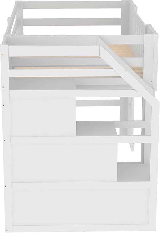 Playhouse Design Twin Size Loft Bed with Storage Staircase and Windows, Solid Wood Loft Bed Frame with Safety Guardrail for Kids Teens Boys Girls, Space-Saving (White-3)