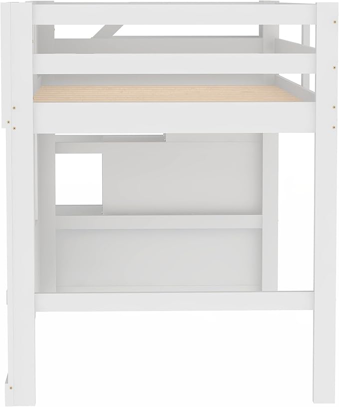 Playhouse Design Twin Size Loft Bed with Storage Staircase and Windows, Solid Wood Loft Bed Frame with Safety Guardrail for Kids Teens Boys Girls, Space-Saving (White-3)