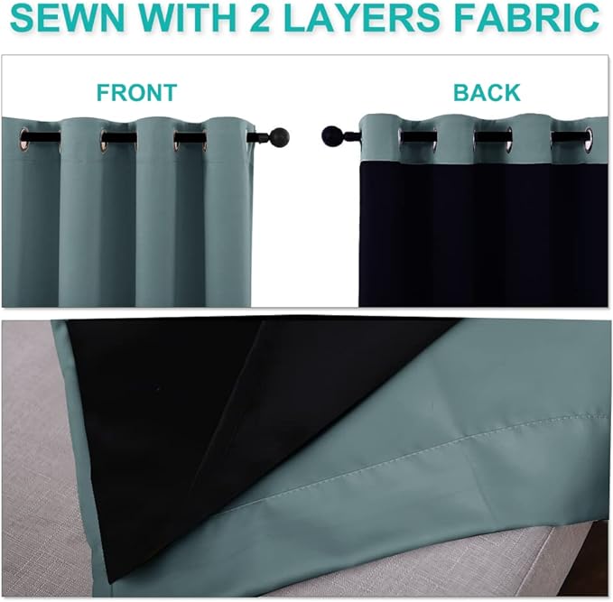 NICETOWN Aqua 100% Blackout Curtains 45 inches Long, 2 Thick Layers Completely Blackout Window Treatment Thermal Insulated Lined Drapes for Small Window (1 Pair, 52 inches Width Each Panel)