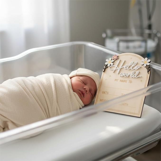 Baby Announcement Sign, Hello World Newborn Sign for Hospital, She’s Here Card, Baby Announcements Ideas, Newborn Photography Props Double-Sided (HW4)
