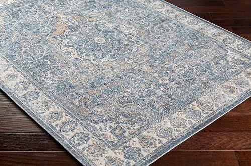 Mark&Day Washable Rugs, 8x10 Elsmore Traditional Navy Blue Area Rug, Blue Ivory Orange Carpet for Living Room, Bedroom or Kitchen (7'10" x 10'2", Machine Washable)