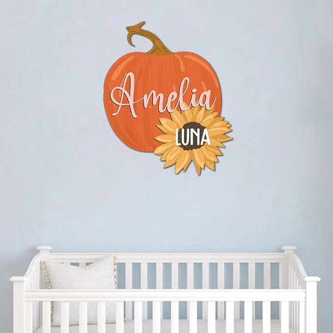 IZI POD Personalized Wooden Name Sign, Round 3D Nursery Name Sign, Pumpkin Sunflower Nursery, Baby Name Sign, Wooden name signs for nursery, Little Pumpkin Decor, Baby Shower, Name signs for kids gift/14, Design 14