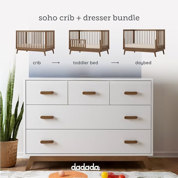 dadada Soho Baby Nursery Furniture Set. Baby Crib and Dresser Set Combo. Soho 3 in 1 Convertible Crib and Matching 5 Drawer Dresser. Walnut Beechwood