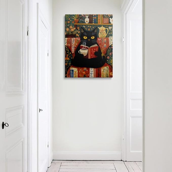 Funny Cute Black Cat Picture Wall Decor Framed Animal Reading Book Drinking Coffee Vintage Canvas Wall Art Rustic Flower Prints Poster Retro Floral Painting for Living Room Bathroom Bedroom (16"x24")