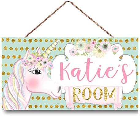 Pink Gold Mint Unicorn Girls Baby Nursery Toddler Room Decor Personalized Name Sign Custom Wooden Plaque Sign