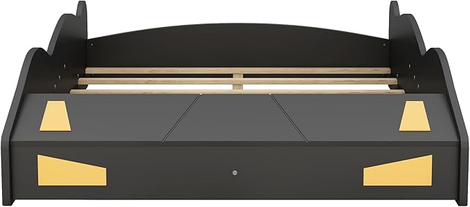 Full Size Race Car-Shaped Platform Bed with Wheels,Kids Full Bed Frame W/Storage Space & Guardrails,Race Car Bed for Boys Toddlers Child's Bedroom,Black+Yellow