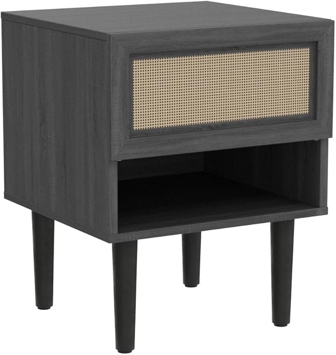 mopio Haylee Rattan Side Table, Small Accent Tables for Living Room, Mid Century Modern Night Stand, Bedside Tables, Wood Nightstands for Bedroom (Black, Single)