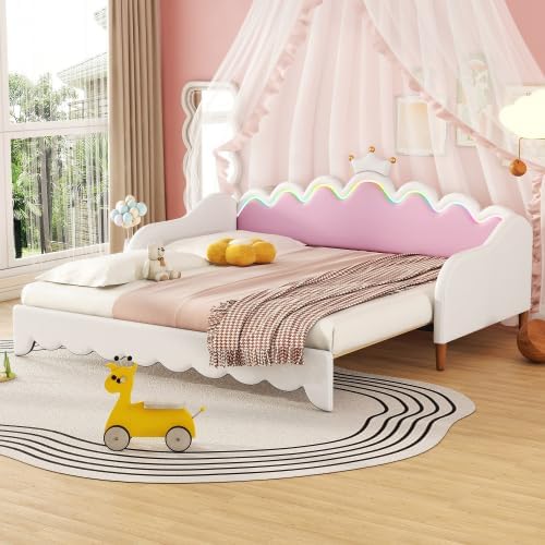 CITYLIGHT Twin Size Upholstered Daybed with Crown Headboard, Cute Bed Frame with LED, Extending Daybed Princess Bed for Girls (White)