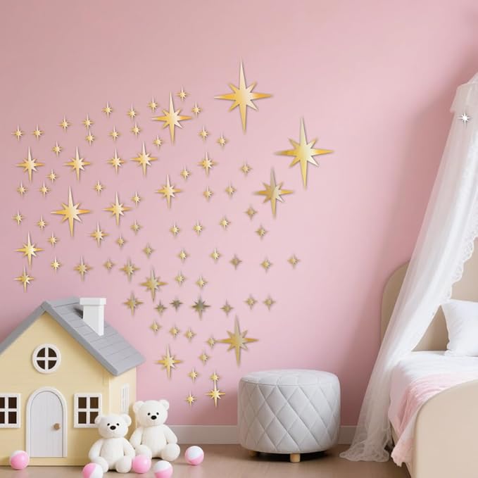 71 Pcs Gold Star Stickers, 3D Acrylic DIY Star Mirror Wall Stickers Decor, Removable Decals Art Self-Adhesive for Home Nursery Classroom Bedroom Interior Wallpaper Background Art Decor