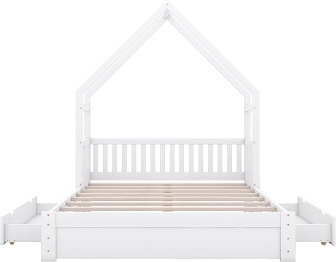SOFTSEA Queen Size Wood House Platform Bed with 2 Drawer, Low House Bed with Drawers Queen Size Floor Platform Bed with Drawers, Wood Bed Frame with Guardrails and Roof, White