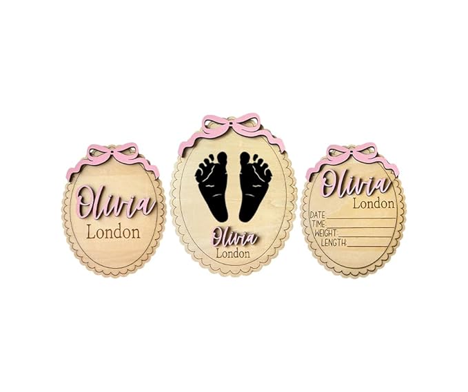 Personalized Baby Announcement Sign Bundle – Set of 3 Custom Wooden Name, Birth Stat & Blank Plaques – Scalloped Edge Newborn Photo Prop & Nursery Keepsake (Bundle 3 Sign Set)