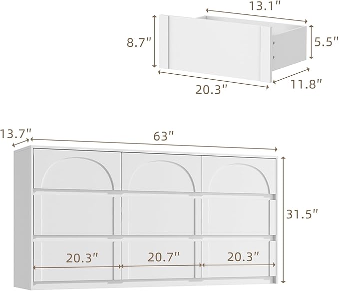 9 Drawer Dresser Chest of Drawers, Modern White Dresser for Bedroom, 63” Wide Drawer Chest, No Handles, Arch-Shape Pattern, 9 Drawer Cabinet, 13.8”D x 63”W x 31.5”H