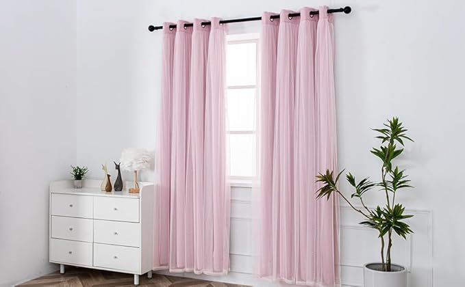 INLINAS Pale Pink Blackout Curtains with Sheer Overlay - Grommet Top Thermal and Noise Reduction Panels for Bedroom and Living Room Light Blocking and Energy Saving, 52 x 84 Inches, Set of 2