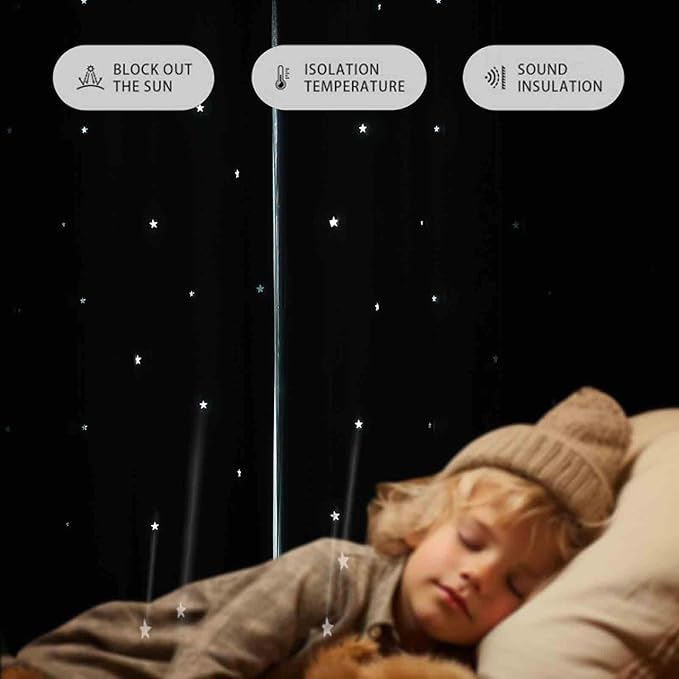 Anytime Romantic Kids Curtain,Hollow-Out Stars Window Curtain Double Layer Blackout Curtains for Girls Bedroom Kids Room 2Panel,(W52 x L95,Light Blue)
