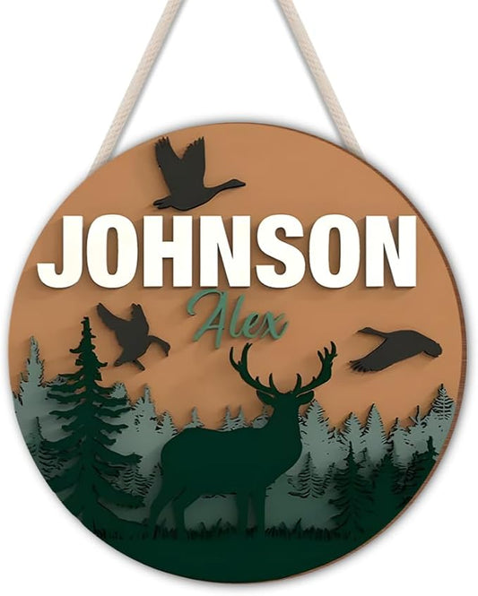 Custom Bedroom Door Sign Natural Wood Circle – Jungle Theme Door Decorations with Deer and Forest – Name Sign, Nursery Decor, Boys Room Decor, Wall Hanging