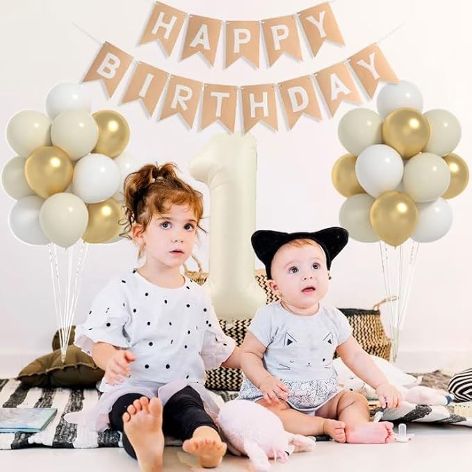 One Birthday Decorations kit, 40inch cream Number 1 balloon and HAPPY BIRTHDAY banner set with 12inch White Sand Metallic Gold Balloons for Kids 1st Birthday Decorations