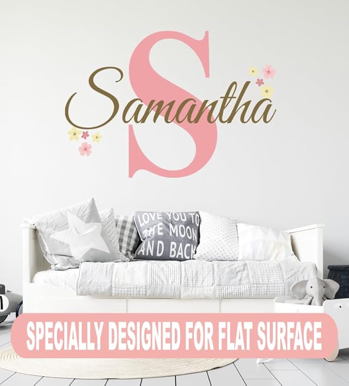 Custom Name and Initial Flower Wall Decals - Personalized Nursery Name Sticker for Girls - Vinyl Wall Art for Baby Room - Flowers Name Stickers Decor - Flower Mural Sticker for Girls Bedroom