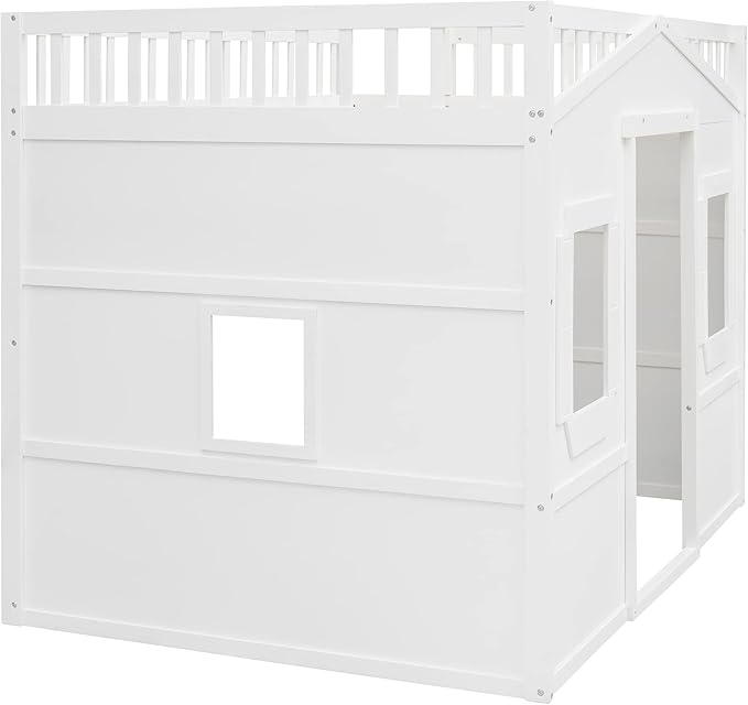 Full Size Loft Bed with Safety Guardrail for Kids Boys Girls, Playhouse Design Solid Wood Loft Bed Frame with Ladder and Windows, Strong Wood Slats Support, Space-Saving (White)